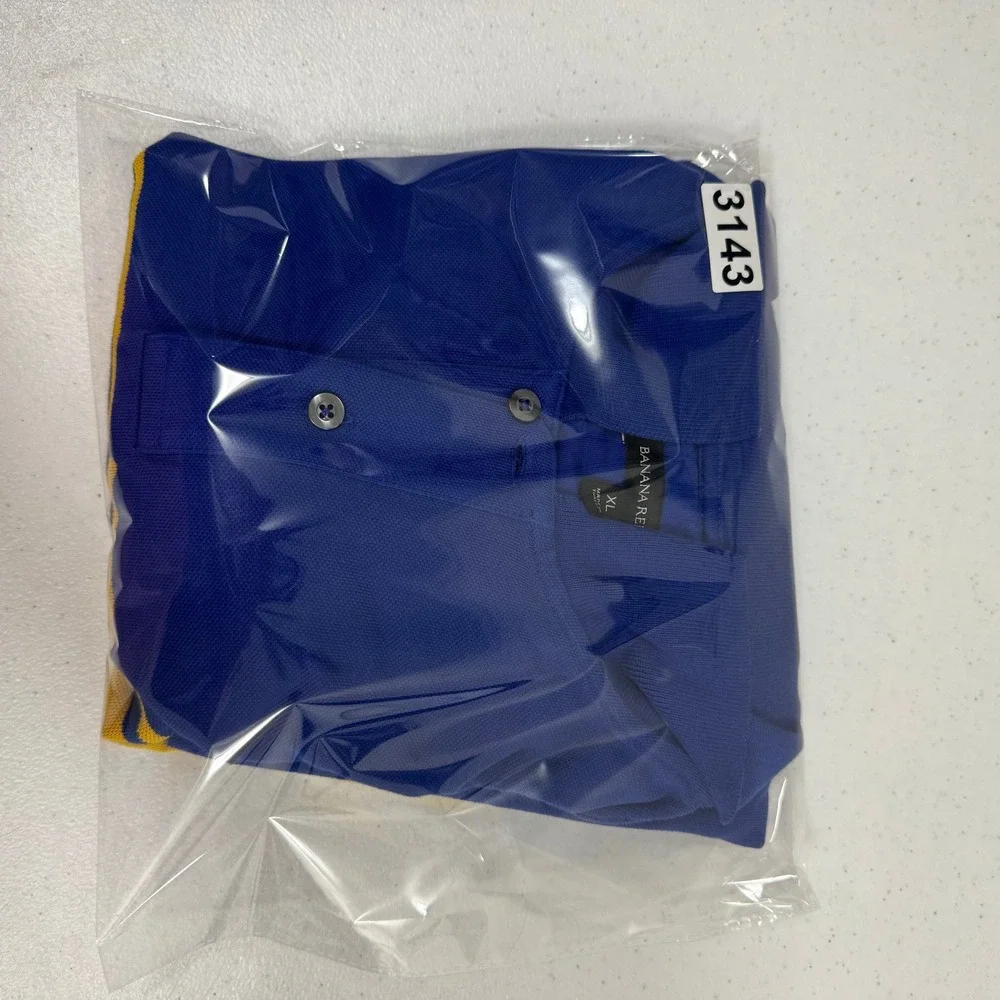 Banana‎ Republic Mens XL Blue Yellow Striped Short Sleeve Pique Polo Shirt